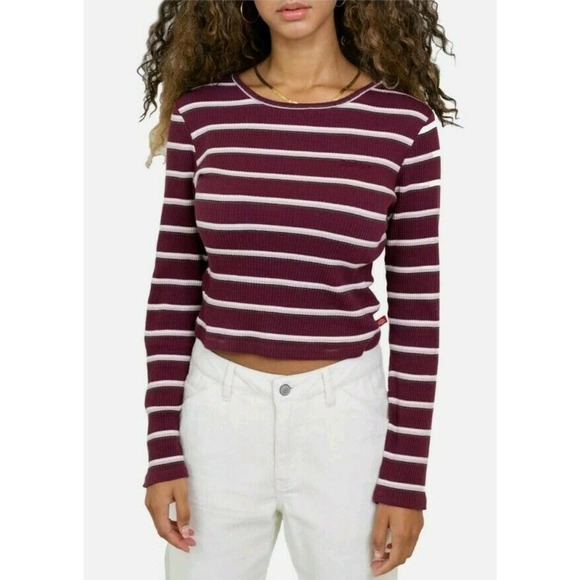 DICKIES Womens Maroon Striped ribbed Long Sleeve Crew Neck Top Juniors xs - Picture 1 of 5